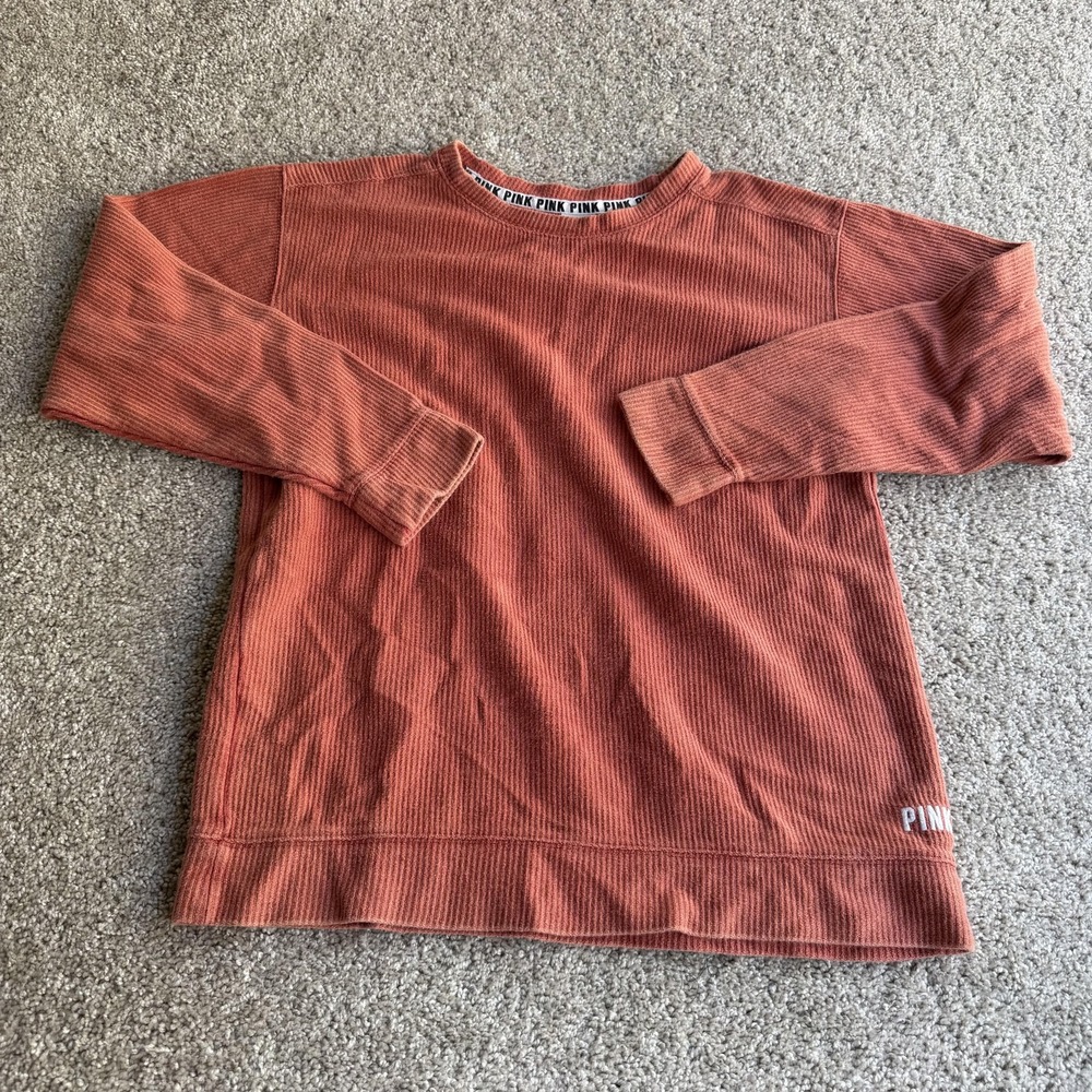 PINK Victoria's Secret Shirt Womens Medium Orange Ribbed Crew Long Sleeve Top